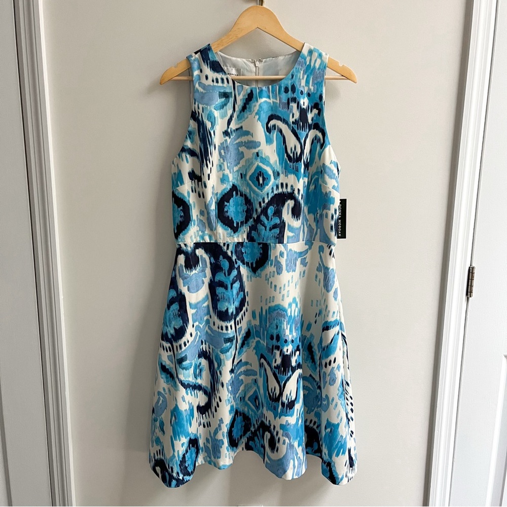 [donna morgan] paisley printed sleeveless a-line mini dress blue white 12